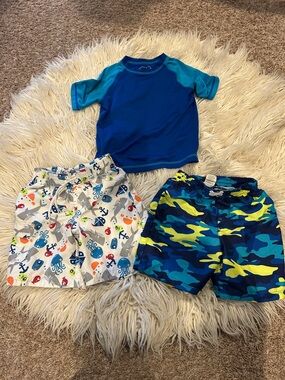 Boys 2T/3T Swim Shirt with Blue Camo shorts and Ocean Print Swim Shorts